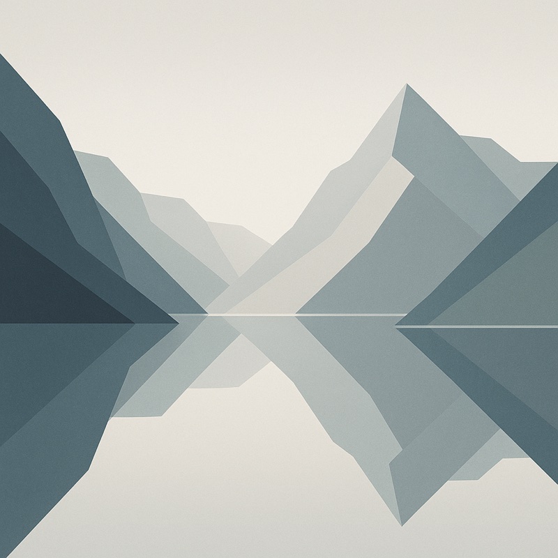 Geometric shapes reflecting fjord waters in cool tones