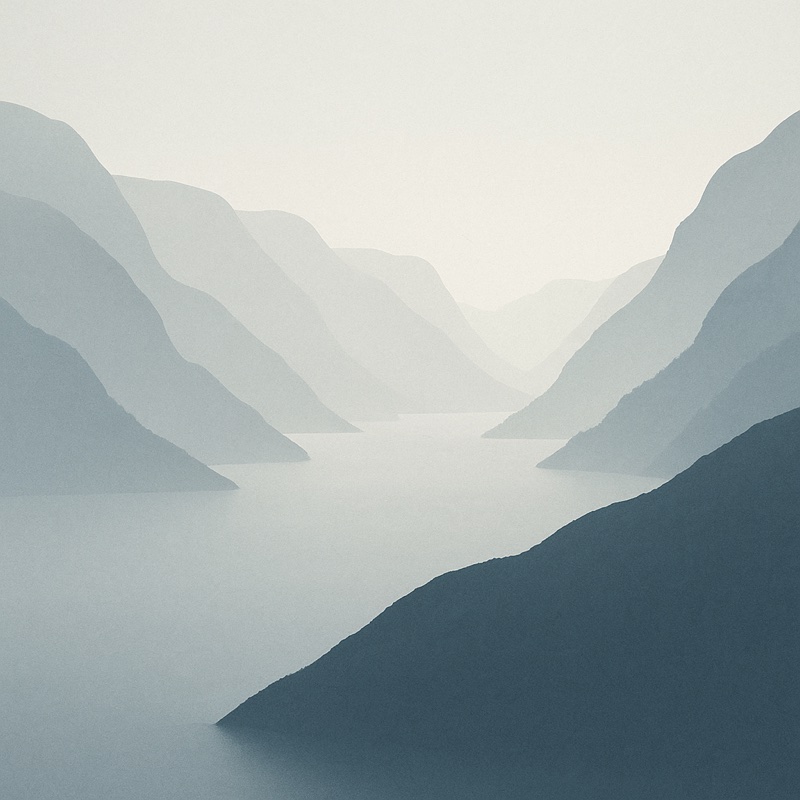 Misty mountain peaks fading into soft Nordic horizon