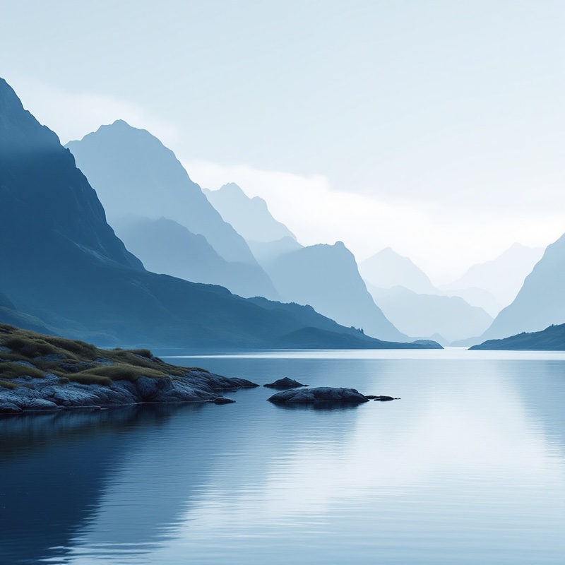 Tranquil Nordic landscape with layered mountain ranges